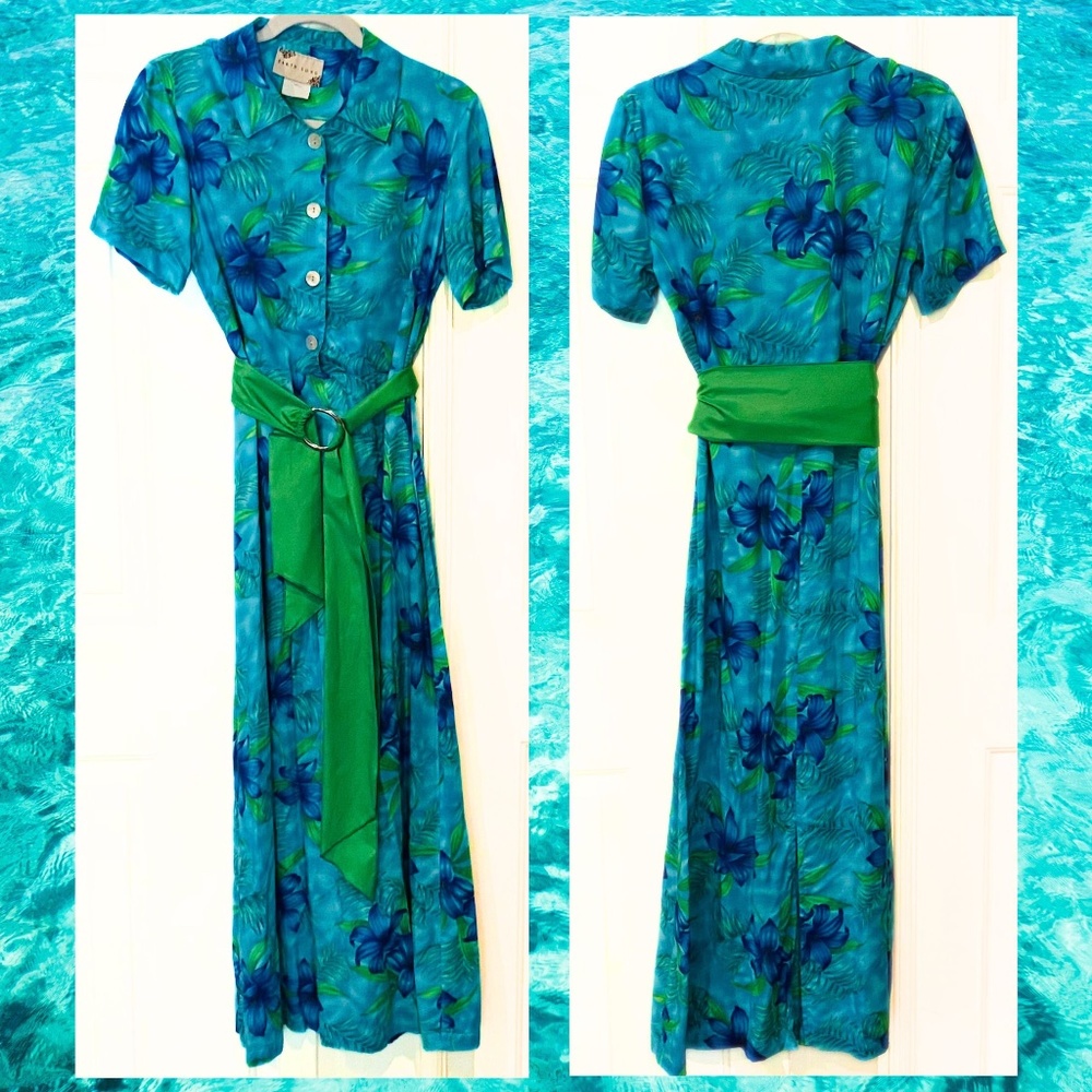🦋 Earth Song 🌴 Tropical Print Short Sleeve Belted Dress Size Small Vintage USA
